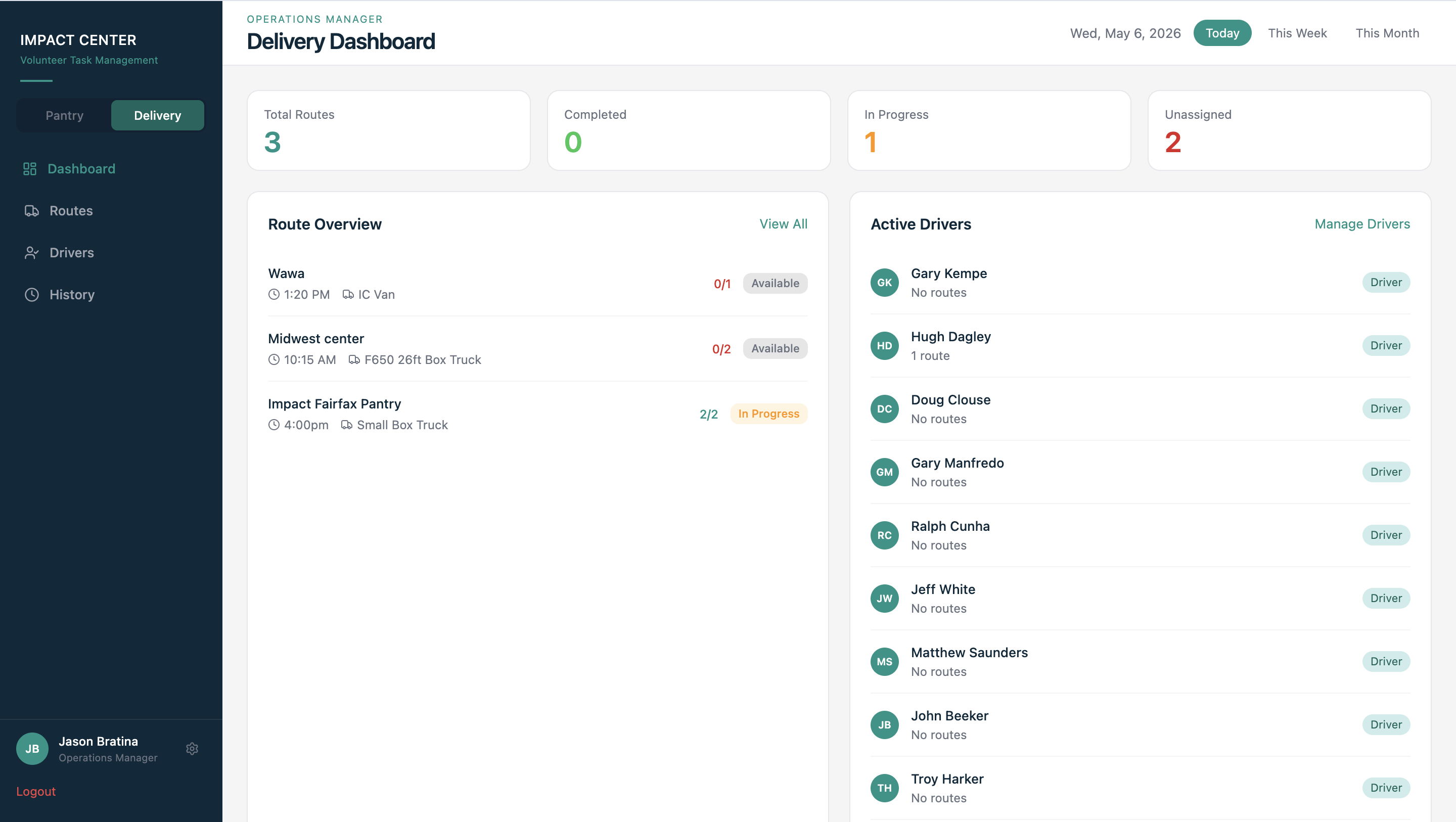 Delivery dashboard showing routes and drivers