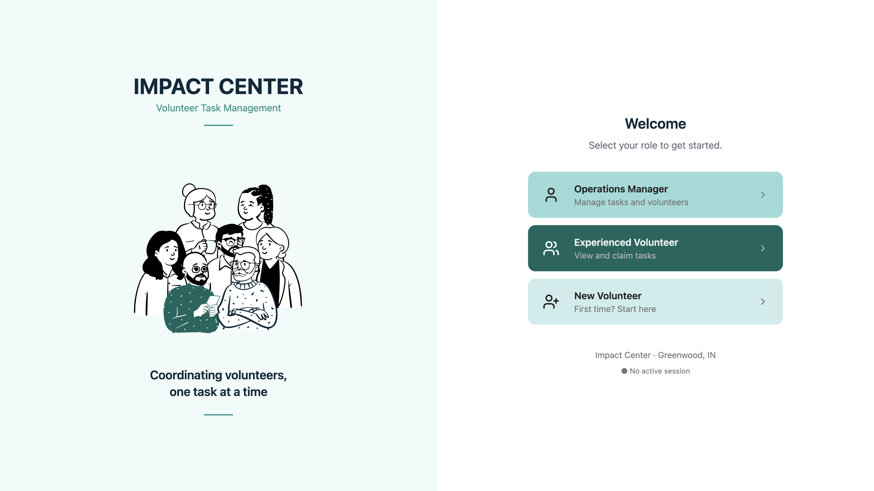 Landing page with three role buttons