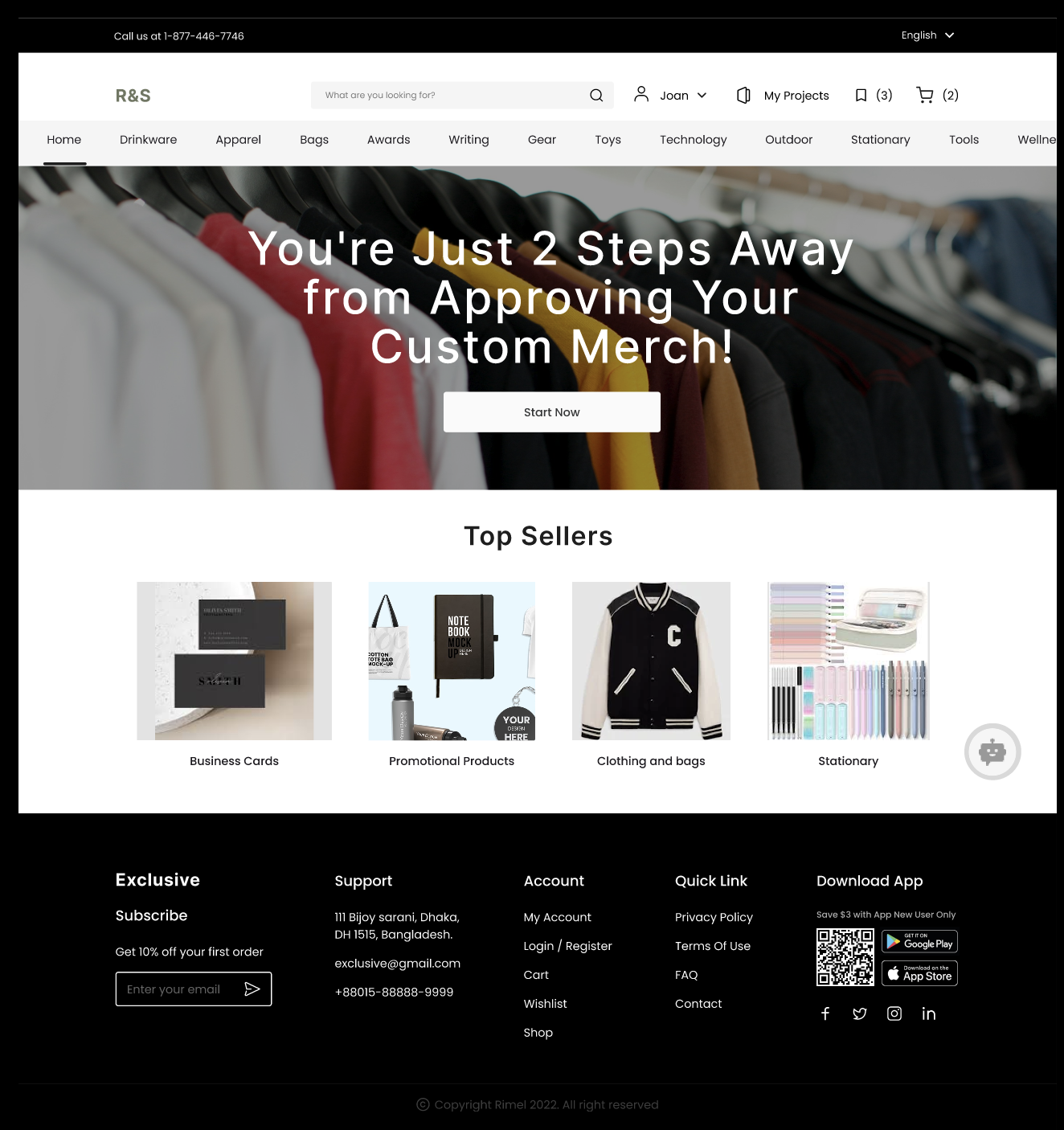 R&S storefront homepage showing product categories and top sellers