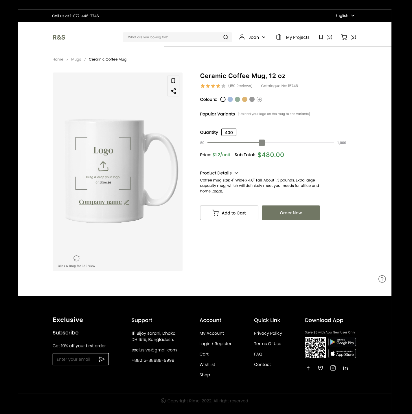 Product detail page with drag-and-drop logo upload, color options, quantity slider and live price