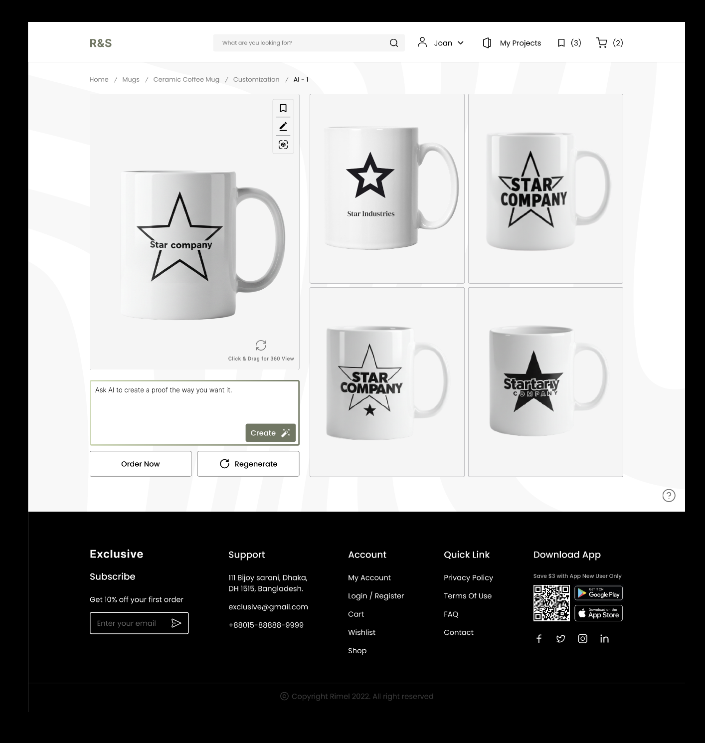 AI generated proof variants — first iteration showing 4 logo layout options on ceramic mug