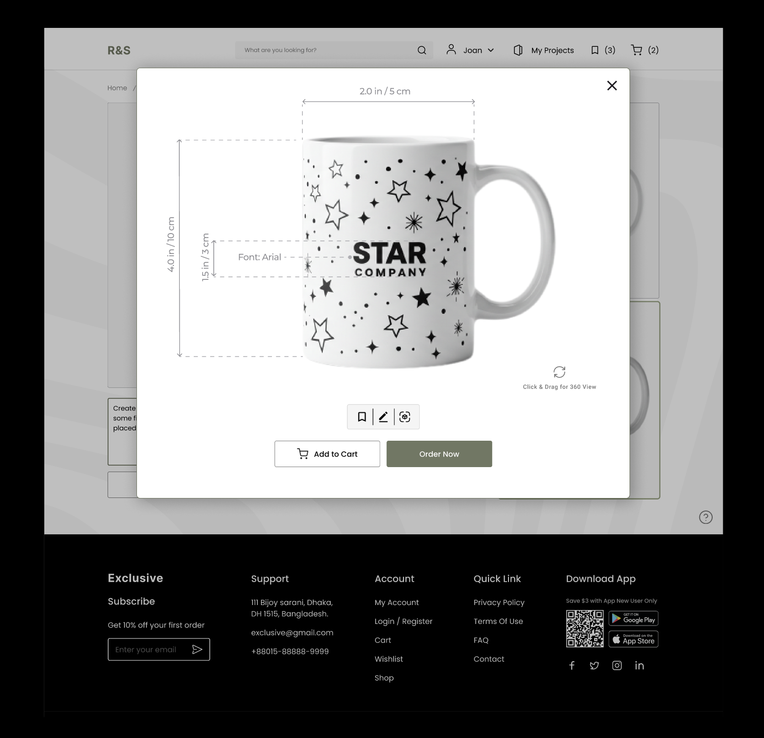 Proof detail modal showing selected mug design with exact print dimensions annotated