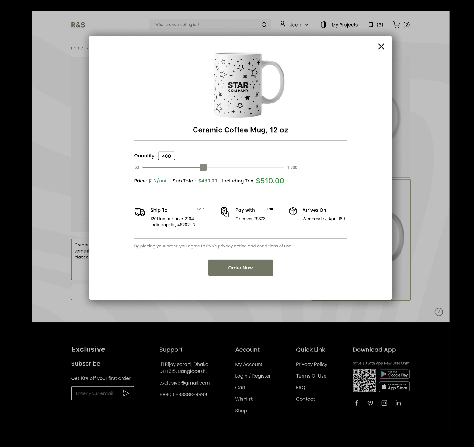 Order review modal showing product image, quantity, subtotal, shipping address, payment method and arrival date