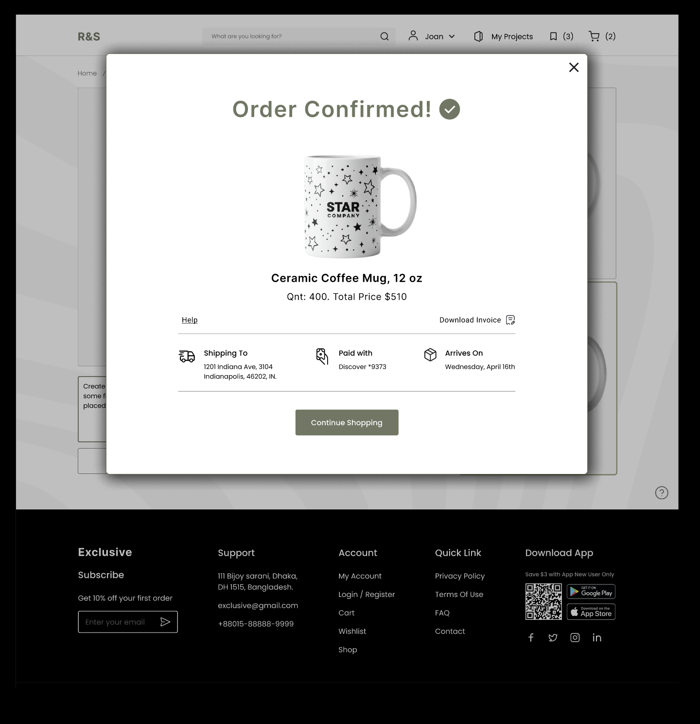 Order confirmed modal showing final product image, order summary and continue shopping button
